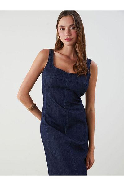 LC Waikiki Lcw Vision Indigo U-Neck Strap Jean Dress S5Ka63Z8Nvy25