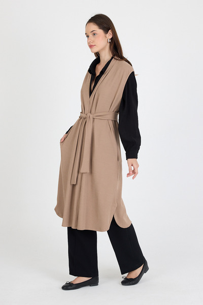 larocci Women's Standard V-Neck Line Patterned Long Pocket Belted Vest