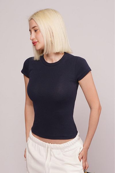 Madmext Γυναικείο μπλουζάκι Navy Blue Crew Neck Basic Mg2479