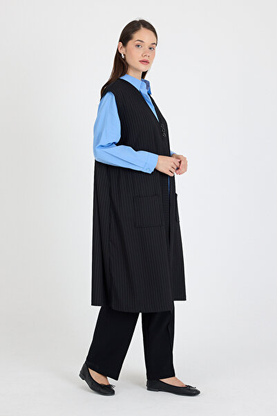 larocci Women's Standard V-Neck Line Detailed Sleeveless Vest with Pockets