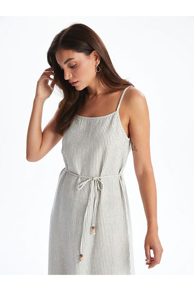 LC Waikiki U Neck Striped Strap Belted Dress