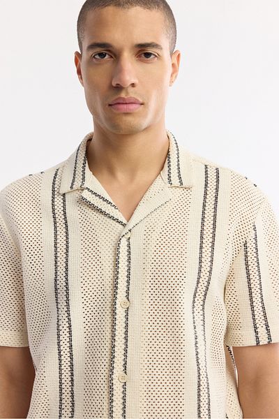 Avva Men's Beige Apaj Collar Striped Openwork Short Sleeve Shirt A51Y2071