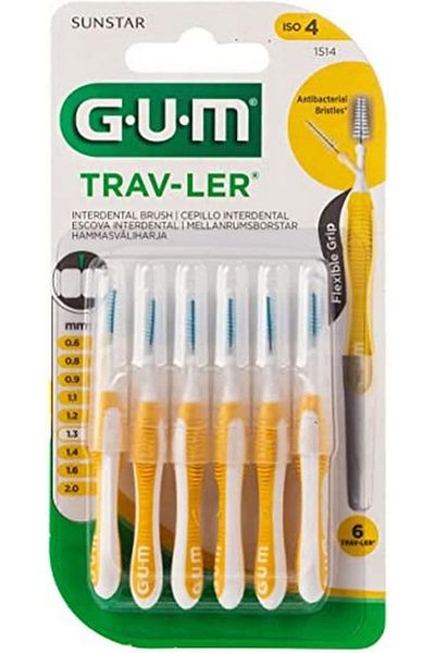 GUM Trav-Ler Tapered Interdental Brush Yellow 6pcs Flexible Handle Anti-Bacterial Plaque Off
