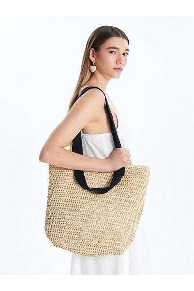 LC Waikiki Women's Straw Beach Bag with Snap Closure