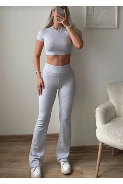 ROGEN FİT Kaşkorse Crop & Ispanyol Paça Tayt Gri