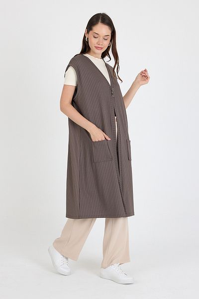 larocci Women's Standard V-Neck Line Detailed Sleeveless Vest with Pockets