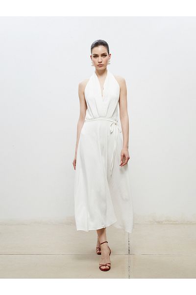LC Waikiki Halter Neckline Belted Satin Dress