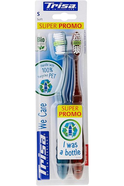 Trisa Trisa We Care Duo Toothbrush Soft 2pcs Recycled Handle Bio Bristle Eco Swiss Oral Care