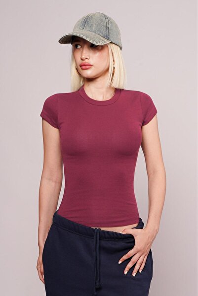 Madmext Burgundy Crew Neck Basic Women's T-Shirt Mg2479
