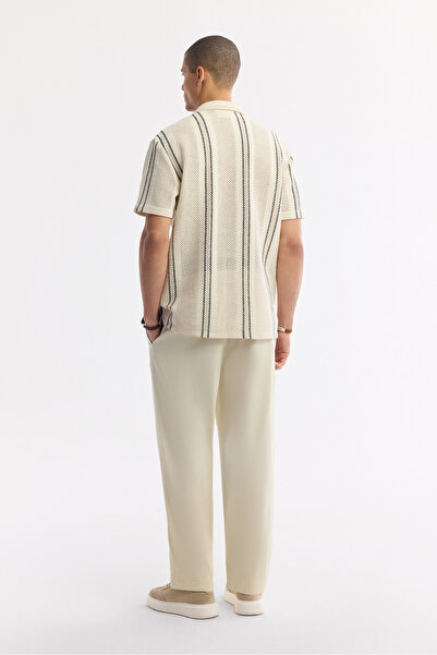 Avva Мъжка бежова риза с ленен яка и раирани ръкави A51Y2071