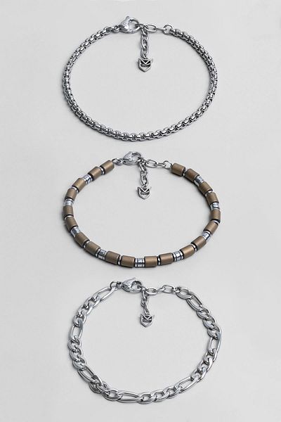 So CHIC... Brown Hematite Stone Adjustable Men's Steel Triple Bracelet Set