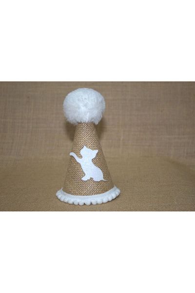 asöy Cat Birthday Party Hat Cat Party Jute Fabric Elastic Hat Diameter 7.5 Size 13 cm with White Pompon