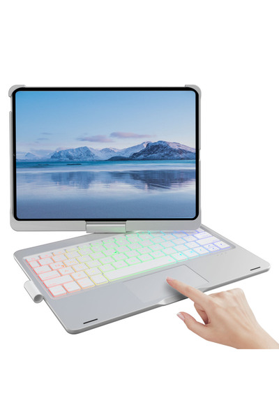 Choice حافظة لوحة مفاتيح فضية بإضاءة خلفية مع لوحة تتبع ودوارة 360 درجة لجهاز iPad الجيل العاشر/الحادي عشر (A16)، iPa