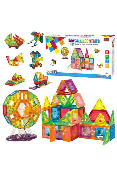 VisionHub Construction Set, Magnetic Tiles 3d, 130 Colorful Pieces, Creative and Educational Toy STEM