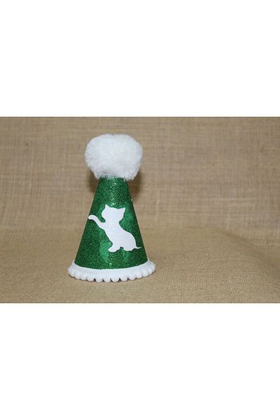 asöy Cat Birthday Party Hat Cat Party Green Eva Elastic Hat Diameter 7.5 Size 13 cm with White Pompom