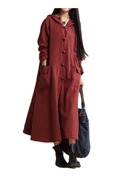 Generic ANSELF Vintage Long Sleeve Midi Cotton Dress Burgundy