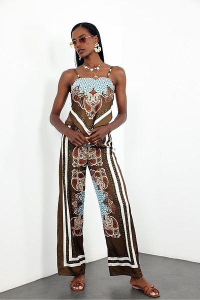 5in1Canpolat Brown Patterned Blouse Trousers Satin Set 241426-241555