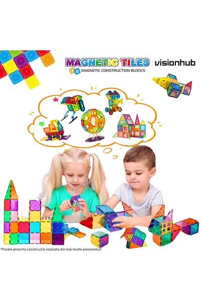 VisionHub Magnetic Construction Set With 3d Tiles Pipes And Colorful Ball, Stem Educational Toy, 136 Pieces