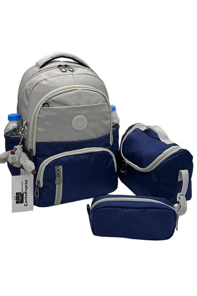 ÇantaExpress First School Bag Set of 3 Unisex Children's Water Resistant Primary School Bag 8010 Gray-Dark Blue