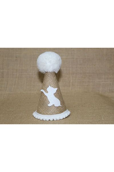 asöy Cat Birthday Party Hat Cat Party Jute Fabric Elastic Hat Diameter 7.5 Size 13 cm with White Pompon