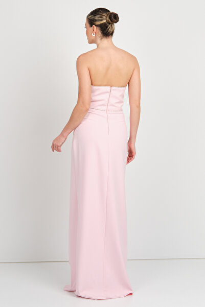 renk abiye Έγχρωμο Γυναικείο Στράπλες Κρεπ Ύφασμα Μακρύ Βραδινό Φόρεμα 5295 Ροζ