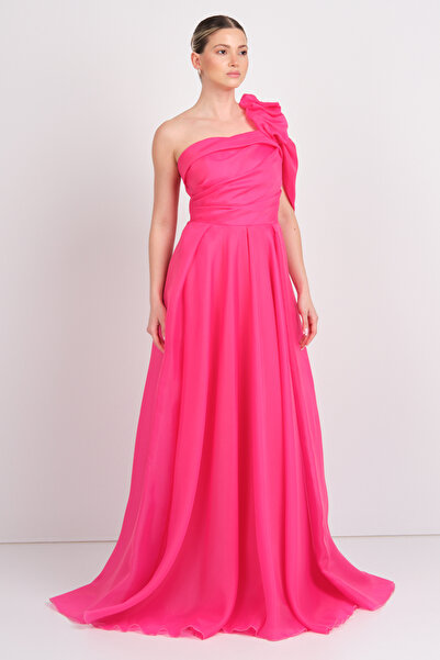 Saygın Women's One Shoulder Detail Back Tie Long Evening Dress 4540 Fuchsia
