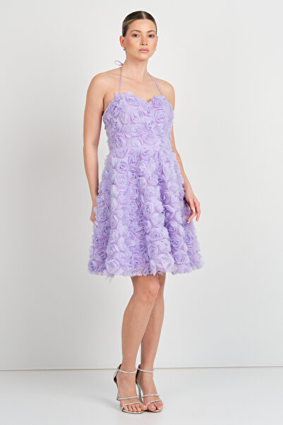 Saygın Women's Heart Neckline Halter Neck Short Evening Dress 5635 Lilac