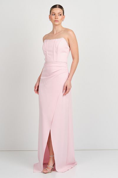 renk abiye Color Women Strapless Crepe Fabric Long Evening Dress 5295 Pink