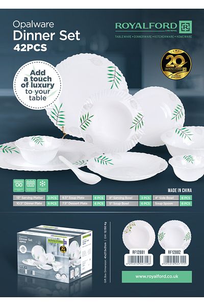 ROYALFORD 42 Piece Opalware Dinner Set- RF12881 Dishwasher-Safe, Freezer and Microwave Safe