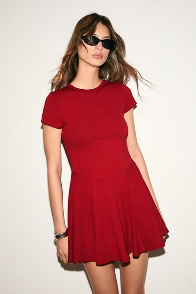 GRIMELANGE Nurva Women's Crew Neck Cap Sleeve Cut Out Waist Mini Red Dress