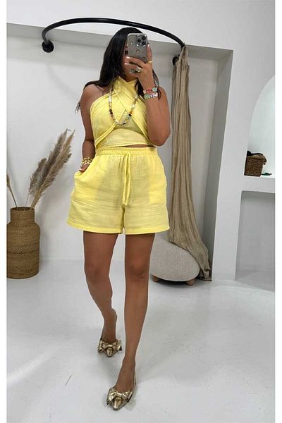 Sohotique By P Muslin Cross Tie Cropped Shorts Set Yellow