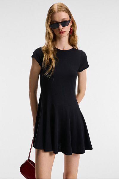 GRIMELANGE Nurva women's bicycle collar cap sleeve cutout mini black dress