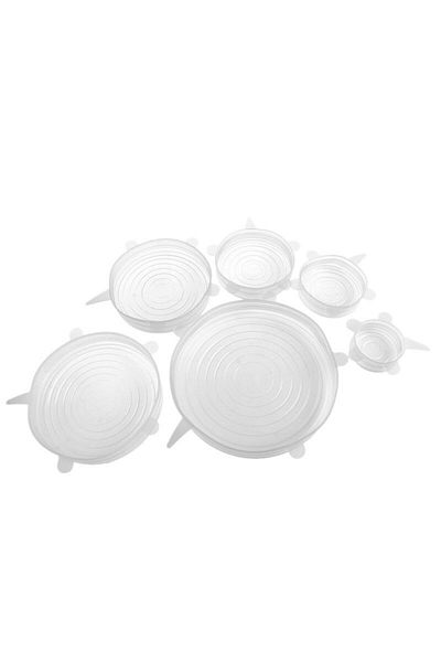 WHITE Set of 6 Super Stretch silicone lids, various sizes, transparent white color