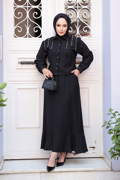 N.S NEVA STYLE Buttoned Black Hijab Skirt Double Suit 44741S
