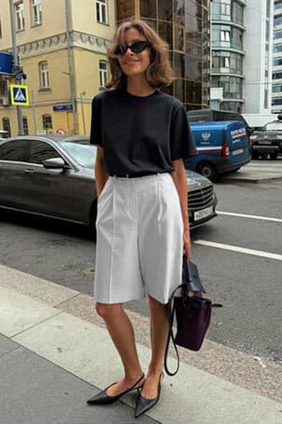 Madmext White Pleated Women's Bermuda Shorts Mg2483