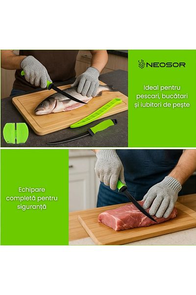 NEOSOR Cuțit Filetat 8", Pește și Carne, Lamă Flexibilă, Mâner Antialunecare, Ascuțitor, Mănuși, Teacă