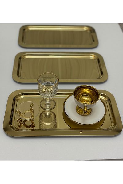 Elzemm store 6 Pcs Gold Color Large Rectangular Model Service and Presentation Tray 17*33 cm Tea Coffee