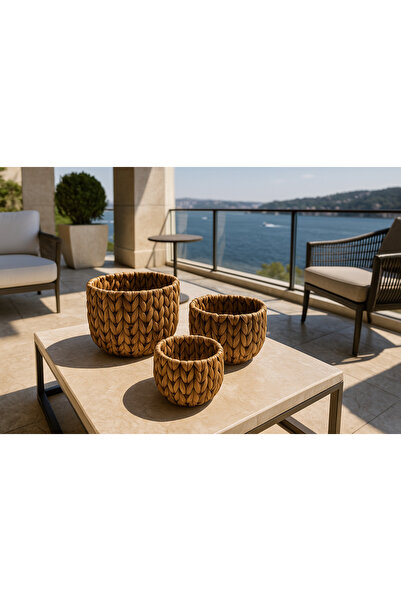 Davet 3 lü Dekoratif Sepet - Kalın hasır Sepet - Kaliteli Dekoratif Sepet