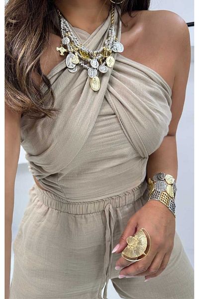 Sohotique By P Muslin Cross Tie Cropped Shorts Set Beige