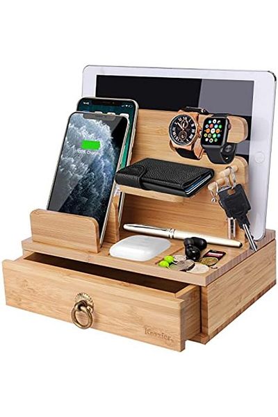 Generic iCozzier Bamboo Multiple Device Desktop Charging Dock Station Watch Organizer Key Holder with Drawer