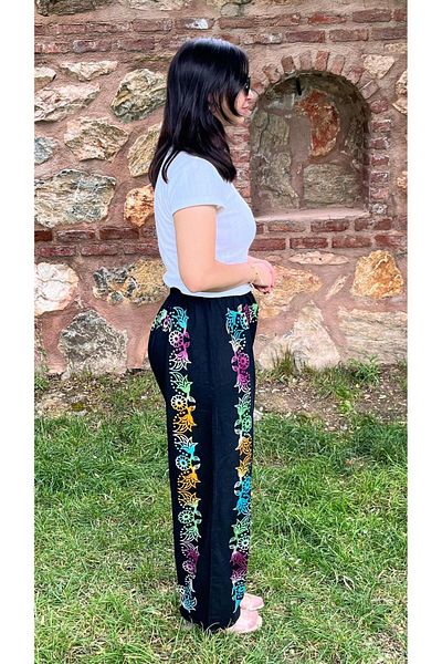 Sobe Hediyelik Colorful Floral Printed Wide Leg Casual Pants – Summer Lightweight Fabric