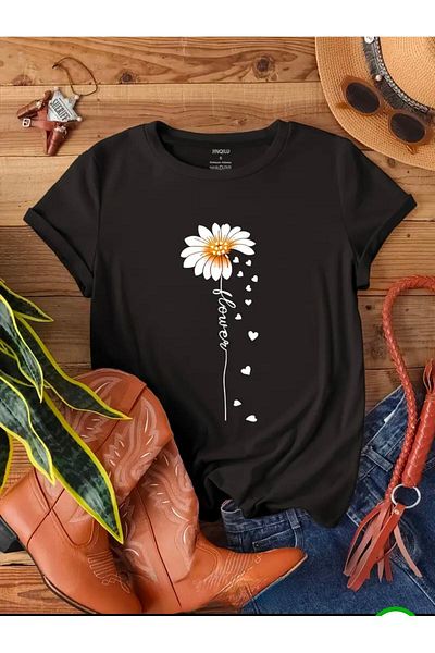 Boi FLOWER TEXT PRINTED OVERSIZE BASIC T-SHIRT ΚΟΝΤΟ ΜΑΝΙΚΙ ΜΠΛΟΥΖΑ T-SHIRT