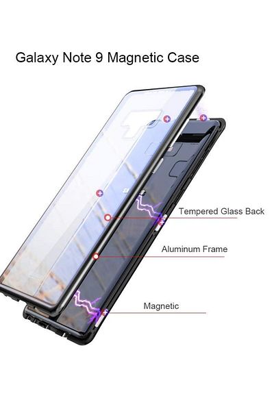 OEM Carcasă magnetică din sticlă cu ramă metalică compatibilă cu Samsung Note 9 Neagră