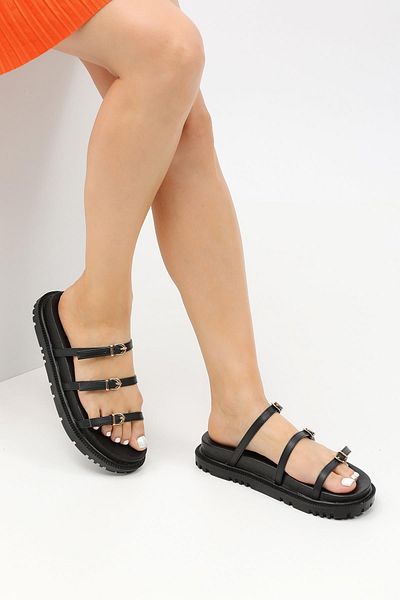 Peta Three Band Gold Buckle Comfortable Sole Slippers