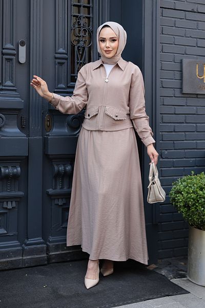 N.S NEVA STYLE Zippered Dark Beige Hijab Skirt Double Set 44751Kbej