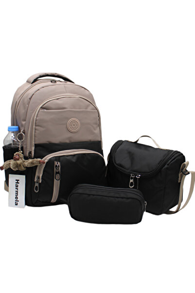 Harmela ilk Okul Çantası 3'lü Seti Unisex Çocuk ilkokul Çantası Hrm-8010 Vizon-Siyah