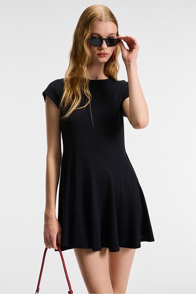 GRIMELANGE Nurva women's bicycle collar cap sleeve cutout mini black dress