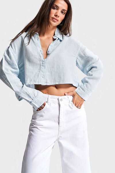 its basic Cămașă oversize pentru femei Baby Blue 6s5-103 din țesătură de in organic