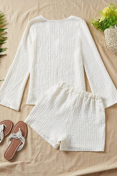 Trendseninle White Lace-Up Long Sleeve Shirt Shorts Knitted Wrap Suit