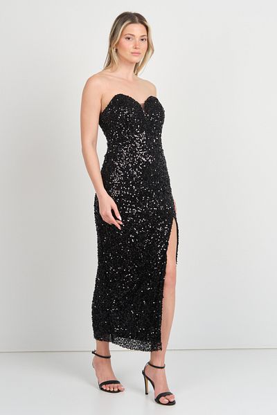 Dans Women's Strapless Full Sequin Sequin Deep Slit Midiboy Evening Dress 1788 Black